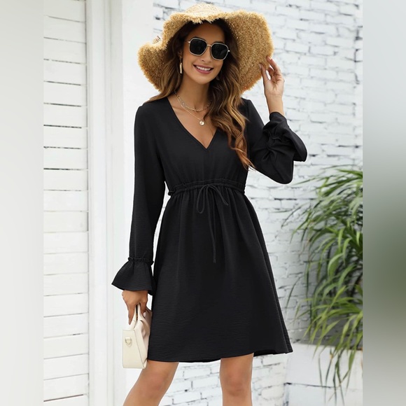Womens V Neck Long Sleeve Dress Ruffle Tie Waist Drawstring Flowy Mini Dress 2X - Picture 6 of 8